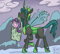 Size: 2616x2343 | Tagged: safe, artist:exedrus, derpibooru exclusive, queen chrysalis, starlight glimmer, changeling, changeling queen, pony, unicorn, canterlot wedding 10th anniversary, g4, the ending of the end, bag, cloud, duo, duo female, eyes closed, female, frown, happy, high res, insect wings, mare, mountain, mouth hold, prancing, raised hoof, side view, signature, smiling, snow, spread wings, ultimate chrysalis, wings