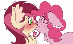 Size: 2500x1500 | Tagged: safe, artist:draconightmarenight, pinkie pie, roseluck, earth pony, pony, g4, blushing, chest fluff, colored sketch, crack shipping, cute, duo, female, floppy ears, fur, kiss on the lips, kissing, lesbian, monthly reward, rosepie, shipping, simple background, trembling, white background