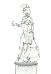 Size: 925x1346 | Tagged: safe, artist:baron engel, part of a set, zecora, zebra, anthro, breasts, busty zecora, cauldron, clothes, female, goblet, monochrome, partial nudity, pencil drawing, solo, spoon, statue, traditional art