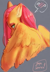 Size: 824x1200 | Tagged: safe, artist:jaynsparkle, fluttershy, pegasus, pony, blushing, cute, daaaaaaaaaaaw, gray background, halfbody, hiding behind wing, looking at you, looking back, looking back at you, o//o, shy, shyabetes, signature, simple background, solo, wings