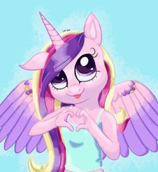 Size: 2000x2188 | Tagged: safe, artist:imiya, princess cadance, alicorn, anthro, canterlot wedding 10th anniversary, g4, :p, clothes, female, happy, heart hands, high res, looking up, one ear down, simple background, solo, tank top, tongue out, waist up, wings