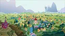 Size: 1813x1024 | Tagged: safe, alternate version, artist:hellswolfeh, editor:php178, g4, .ai available, .svg available, apple, apple tree, background, canterlot, carousel boutique, fluttershy's cottage, high angle, mostly sunny, mountain, no pony, ponyville, ponyville schoolhouse, ponyville town hall, resource, river, scenery, svg, sweet apple acres, town, tree, vector, water, waterfall