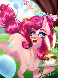 Size: 1920x2577 | Tagged: safe, artist:honeybbear, pinkie pie, earth pony, pony, g4, balloon, food, ice cream, solo, thick eyebrows