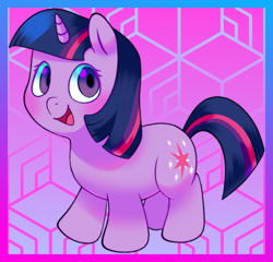 Size: 1159x1114 | Tagged: safe, artist:relighted, twilight sparkle, pony, unicorn, g4, colorful, eyestrain warning, female, filly, filly twilight sparkle, foal, full body, full color, fully shaded, gradient, gradient background, mare, solo, unicorn twilight, younger