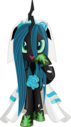 Size: 359x643 | Tagged: safe, anonymous artist, queen chrysalis, changeling, changeling queen, canterlot wedding 10th anniversary, a canterlot wedding, g4, .svg available, :d, clothes, cute, cutealis, dress, fangs, female, floral head wreath, flower, hoof shoes, horn, open mouth, open smile, raised hoof, simple background, smiling, solo, svg, transparent background, vector, wedding dress