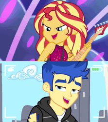 Size: 1067x1200 | Tagged: safe, edit, edited screencap, screencap, flash sentry, sunset shimmer, human, best trends forever, equestria girls, equestria girls specials, g4, my little pony equestria girls: better together, my little pony equestria girls: spring breakdown, all good (song), animated, camera, electric guitar, female, guitar, male, musical instrument, one eye closed, ship:flashimmer, shipping, shipping domino, straight, wink
