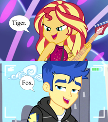 Size: 1920x2160 | Tagged: safe, edit, edited screencap, screencap, flash sentry, sunset shimmer, human, best trends forever, equestria girls, equestria girls specials, g4, my little pony equestria girls: better together, my little pony equestria girls: spring breakdown, bedroom eyes, camera, electric guitar, female, guitar, male, musical instrument, nickname, ship:flashimmer, shipping, shipping domino, speech bubble, straight