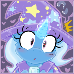 Size: 1000x1000 | Tagged: safe, artist:malachimoet, trixie, pony, unicorn, g4, :o, blushing, bust, clothes, confused, cute, diatrixes, female, glowing, glowing horn, hat, heart, heart eyes, hnnng, horn, looking at you, love, magic, mare, offscreen character, open mouth, portrait, pov, romantic, shocked, solo, trixie's hat, weapons-grade cute, wingding eyes