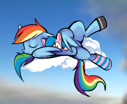 Size: 1176x969 | Tagged: safe, artist:yidwags, derpibooru exclusive, firefly, rainbow dash, pegasus, pony, g4, clothes, cloud, lying down, mismatched socks, on a cloud, on side, plushie, sitting, sitting on a cloud, sky, sleeping, socks, solo, striped socks, wing hold, wings