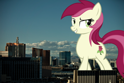 Size: 3240x2160 | Tagged: safe, artist:ocarina0ftimelord, artist:thegiantponyfan, roseluck, earth pony, pony, g4, background pony, female, giant pony, giantess, high res, highrise ponies, irl, las vegas, looking at you, macro, mare, mega giant, nevada, photo, ponies in real life, smiling