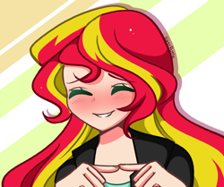 Size: 2924x2448 | Tagged: safe, artist:kittyrosie, sunset shimmer, human, equestria girls, g4, abstract background, blushing, bust, cute, eyes closed, fingers together, high res, looking at you, open mouth, open smile, shimmerbetes, smiling, smiling at you, solo