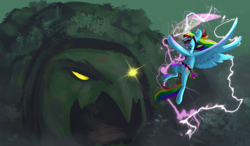 Size: 1368x800 | Tagged: safe, artist:yarugreat, rainbow dash, turtle, tabun art-battle, beidou (genshin impact), bubble, clothes, cosplay, costume, eyepatch, feather, female, flowing mane, genshin impact, glowing, lightning, mare, ocean, open mouth, solo, spread wings, storm, sword, teeth, underwater, water, weapon, wings, yellow eyes