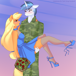 Size: 3000x3000 | Tagged: safe, artist:xjenn9, applejack, shining armor, earth pony, unicorn, anthro, g4, bridal carry, camouflage, carrying, clothes, commission, dress, female, high heels, high res, infidelity, infidelity armor, male, shiningjack, shipping, shoe dangling, shoes, socks, straight, thigh highs, tomboy taming