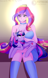 Size: 1779x2916 | Tagged: safe, artist:xjenn9, dean cadance, princess cadance, twilight sparkle, alicorn, human, pony, equestria girls, g4, breasts, choker, clothes, commission, cross-popping veins, duo, duo female, female, holding a pony, horn, looking at each other, looking at someone, mare, see-through, smol, socks, thigh highs, twilight sparkle (alicorn), wings