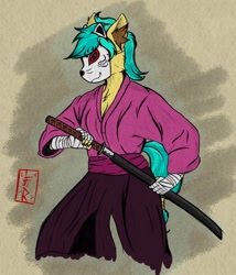 Size: 668x782 | Tagged: safe, artist:levinerex, oc, oc only, oc:karoline skies, kitsune, anthro, clothes, ear fluff, katana, kimono (clothing), sword, weapon