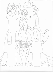 Size: 2550x3508 | Tagged: safe, artist:meanlucario, princess cadance, princess flurry heart, shining armor, alicorn, pony, unicorn, canterlot wedding 10th anniversary, g4, father and child, father and daughter, female, high res, husband and wife, male, mother and child, mother and daughter, sitting, traditional art