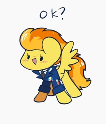Size: 771x906 | Tagged: safe, artist:typhwosion, spitfire, pegasus, pony, g4, blushing, clothes, cute, cutefire, dot eyes, female, mare, ok, open mouth, positive ponies, shirt, simple background, solo, uniform, white background, wonderbolts dress uniform