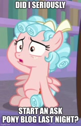 Size: 500x775 | Tagged: safe, edit, edited screencap, screencap, cozy glow, pegasus, pony, g4, what lies beneath, belly, caption, cropped, glimenade is a mess, hangover, image macro, meme, solo, text