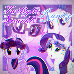 Size: 1024x1024 | Tagged: safe, artist:miss-sweeten443, rarity, sci-twi, twilight sparkle, alicorn, human, pony, unicorn, equestria girls, g4, clothes, duo, female, floral head wreath, flower, glasses, lesbian, open mouth, ship:rarilight, shipping, shirt, twilight sparkle (alicorn)