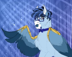 Size: 2877x2253 | Tagged: safe, artist:inisealga, oc, oc only, oc:soaring spirit, pegasus, pony, abstract background, bowtie, cheek fluff, chest fluff, coat markings, colored tongue, colored wings, facial markings, folded wings, glasses, gradient background, male, mlem, multicolored hair, multicolored mane, multicolored wings, neck fluff, one eye closed, pegasus oc, silly, solo, spread wings, stallion, tongue out, wing brace, wings, wink