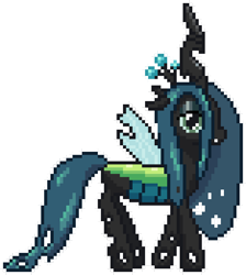 Size: 624x696 | Tagged: safe, artist:nitobit, derpibooru exclusive, queen chrysalis, changeling, changeling queen, canterlot wedding 10th anniversary, g4, crown, fangs, female, jewelry, pixel art, regalia, simple background, solo, transparent background
