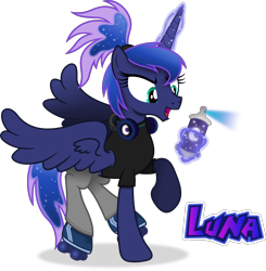 Size: 5301x5417 | Tagged: safe, artist:anime-equestria, princess luna, alicorn, pony, g4, alternate hairstyle, clothes, graffiti, headphones, horn, levitation, magic, ponytail, roller skates, simple background, solo, spray can, spread wings, telekinesis, transparent background, wings