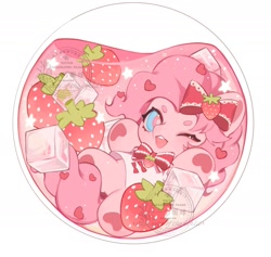 Size: 2023x1915 | Tagged: safe, artist:xieyanbbb, pinkie pie, earth pony, pony, g4, bottle, bow, chibi, clothes, dress, floating, food, fruit, glass bottle, hair bow, ice cream, juice, liquid, orb, simple background, solo, strawberry, tiny, tiny ponies, white background