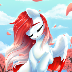 Size: 1500x1500 | Tagged: safe, artist:nika-rain, oc, oc only, oc:making amends, pegasus, pony, g4, cherry blossoms, commission, cute, female, flower, flower blossom, sky, solo, ych result