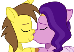 Size: 1920x1349 | Tagged: safe, artist:grapefruit-face, pipp petals, oc, oc:grapefruit face, pegasus, pony, unicorn, g5, my little pony: tell your tale, canon x oc, duo, eyes closed, female, grapepipp, horn, kiss on the lips, kissing, male, shipping, show accurate, simple background, straight, touching hooves, transparent background, unicorn oc