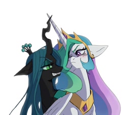 Size: 1200x1091 | Tagged: safe, artist:exxi00, princess celestia, queen chrysalis, alicorn, changeling, changeling queen, pony, g4, angry, blushing, crown, duo, duo female, eye clipping through hair, eye contact, eyebrows, eyebrows visible through hair, female, frown, grin, jewelry, lesbian, lidded eyes, looking at each other, looking at someone, mare, peytral, regalia, ship:chryslestia, shipping, simple background, smiling, white background