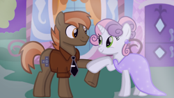 Size: 1280x720 | Tagged: safe, artist:mlplary6, button mash, sweetie belle, earth pony, pony, unicorn, g4, boyfriend and girlfriend, clothes, dress, female, looking at each other, looking at someone, male, mare, older, older button mash, older sweetie belle, ship:sweetiemash, shipping, smiling, smiling at each other, stallion, straight
