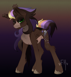 Size: 3021x3249 | Tagged: safe, artist:faunahoof, oc, oc only, oc:foccacia cocoa, earth pony, pony, ashes town, fallout equestria, angry, ashes town oc, body freckles, brown fur, concave belly, ear fluff, ear tufts, earth pony oc, emaciated, fallout equestria oc, fighting stance, freckles, gradient background, high res, long mane, long tail, looking at you, microphone, multicolored eyes, multicolored mane, multicolored tail, simple shading, skinny, sparkles, standing, tail, thin, unshorn fetlocks