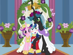 Size: 2984x2238 | Tagged: safe, artist:badumsquish, derpibooru exclusive, princess cadance, queen chrysalis, shining armor, alicorn, changeling, changeling queen, pony, unicorn, canterlot wedding 10th anniversary, a canterlot wedding, g4, a better ending for chrysalis, alternate ending, alternate hairstyle, armor, bigamy, bisexual, blushing, bouquet, bouquet of flowers, cheek rub, clothes, dress, female, floral head wreath, flower, gold, high res, holding hooves, lesbian, male, mare, marriage, married, nervous, nuzzling, polyamory, shining armor gets all the mares, ship:chrysarmordance, shipping, show accurate, smiling, stallion, straight, trio, wedding, wedding dress, wedding suit, wedding veil