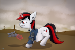 Size: 2304x1540 | Tagged: safe, artist:triksa, oc, oc:blackjack, oc:littlepip, pony, unicorn, fallout equestria, fallout equestria: project horizons, belly, implied vore, safe vore, vore, walking, wasteland, weapon