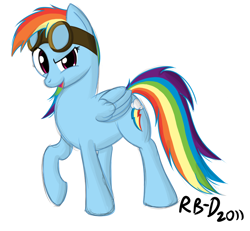 Size: 1194x1101 | Tagged: safe, artist:rb-d, rainbow dash, pegasus, pony, g4, 2011, female, goggles, mare, raised hoof, simple background, solo, white background