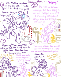 Size: 4779x6013 | Tagged: safe, artist:adorkabletwilightandfriends, moondancer, spike, starlight glimmer, dragon, pony, unicorn, comic:adorkable twilight and friends, g4, adorkable, adorkable friends, butt, carpet, clean, cleaning, clock, comic, complaining, cute, dork, feet, glowing, glowing horn, grumpy, homestar runner, horn, humor, magic, magic aura, mirror, plot, reference, reflection, sitting on tail, slice of life, strong bad, strong sad, tail, tail stand, telekinesis, the cheat, towel, vacuum, vacuum cleaner, whining