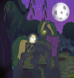 Size: 1024x1080 | Tagged: safe, artist:tanukfox, oc, oc only, oc:vermont black, earth pony, pony, rabbit, animal, clothes, forest, glowing, glowing eyes, male, moon, night, phi, scarf, solo, stallion