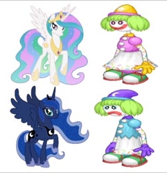 Size: 419x434 | Tagged: safe, princess celestia, princess luna, alicorn, pony, g4, 1000 hours in ms paint, clown, flipline studios, happy, papa louie's franchise, royal sisters, sad, siblings, simple background, sisters, sprinks the clown, white background