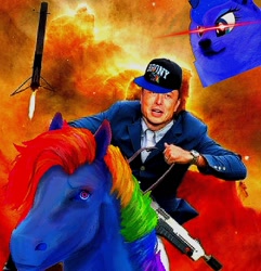 Size: 1440x1494 | Tagged: safe, artist:jakewhyman, princess luna, rainbow dash, g4, brony, dank memes, doge, elon musk, flamethrower, glowing, glowing eyes, hat, hoers, humans riding ponies, meme, needs more jpeg, quality, realistic anatomy, recolored hoers, reins, riding, rocket, space, wat, weapon