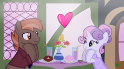 Size: 1280x720 | Tagged: safe, artist:mlplary6, button mash, sweetie belle, earth pony, pony, unicorn, g4, boyfriend and girlfriend, clothes, date, donut, dress, drink, female, flower, food, heart, looking at each other, looking at someone, male, mare, older, older button mash, older sweetie belle, ship:sweetiemash, shipping, smiling, smiling at each other, stallion, straight