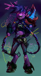 Size: 1280x2378 | Tagged: safe, artist:charlot, oc, oc only, oc:aegis feedback, pony, unicorn, arcane, glowing, glowing eyes, jinx (league of legends), league of legends, parody, solo