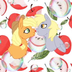 Size: 2048x2048 | Tagged: safe, artist:tjbook-time, applejack, derpy hooves, earth pony, pegasus, pony, g4, apple, bubble, bust, female, fluffy, food, heart eyes, high res, leaf, lesbian, mare, ship:derpyjack, shipping, wingding eyes