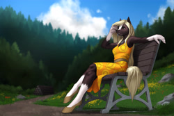 Size: 6000x4000 | Tagged: safe, artist:mykegreywolf, oc, oc only, earth pony, anthro, unguligrade anthro, absurd resolution, bench, breasts, clothes, coat markings, dress, female, forest, mare, shoes, socks (coat markings), solo