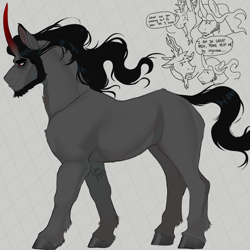 Size: 1280x1282 | Tagged: dead source, safe, artist:ghoulhowls, discord, king sombra, draconequus, pony, umbrum, unicorn, g4, dialogue, doodle, gray background, male, red eyes, simple background, solo focus, speech, speech bubble, stallion, standing, talking, text
