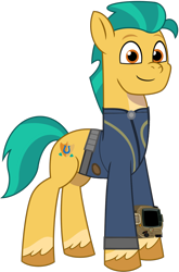 Size: 1024x1553 | Tagged: safe, artist:php170, hitch trailblazer, earth pony, pony, fallout equestria, g5, my little pony: tell your tale, clothes, cute, fallout, hitchbetes, hooves, jumpsuit, looking at you, male, pipboy, show accurate, simple background, smiling, smiling at you, solo, stallion, standing, tail, transparent background, unshorn fetlocks, vault suit, vector