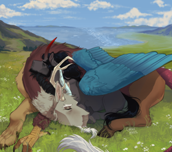 Size: 640x566 | Tagged: dead source, safe, artist:ghoulhowls, discord, king sombra, draconequus, pony, g4, curled up, detailed background, gay, lake, lying down, male, mountain, shipping, sleeping, sleeping together, snuggling, sombracord, stallion