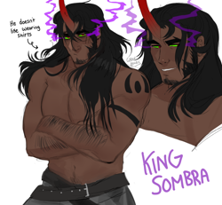 Size: 640x591 | Tagged: dead source, safe, artist:ghoulhowls, king sombra, human, g4, beard, belt, clothes, facial hair, grin, horn, horned humanization, humanized, king sombara, male, muscles, muscular male, pants, partial nudity, simple background, smiling, solo, sombra eyes, tattoo, topless, white background