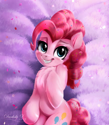 Size: 1772x2029 | Tagged: safe, artist:darksly, pinkie pie, earth pony, pony, g4, bedroom eyes, body pillow, body pillow design, chest fluff, confetti, cute, diapinkes, female, grin, mare, smiling, solo