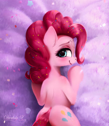 Size: 1772x2029 | Tagged: safe, artist:darksly, pinkie pie, earth pony, pony, g4, balloonbutt, bedroom eyes, blushing, body pillow, body pillow design, butt, confetti, cute, diapinkes, female, mare, plot, solo
