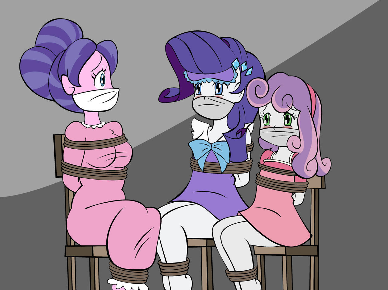 2853744 - safe, artist:reimon-master-ii, cookie crumbles, rarity, sweetie  belle, human, equestria girls, g4, big breasts, blushing, bondage, bound  and gagged, breasts, busty cookie crumbles, cloth gag, clothes, damsel in  distress, equestria girls-ified,